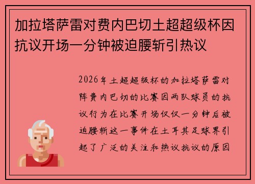 加拉塔萨雷对费内巴切土超超级杯因抗议开场一分钟被迫腰斩引热议 加拉塔萨雷对费内巴切土超超级杯因抗议开场一分钟被迫腰斩引热议